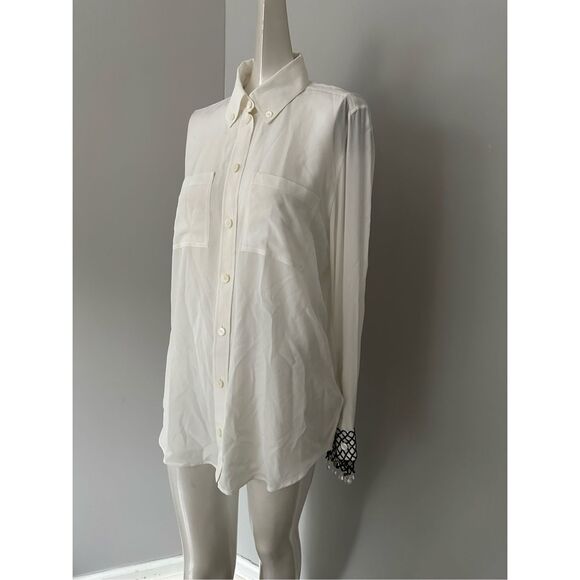 NWT Burberry Button Front Crystal Fringe Cuff Long Sleeve Silk Blouse Ivory Sz 6 - Picture 6 of 14